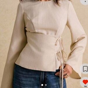 cream linen tie-front long sleeve blouse